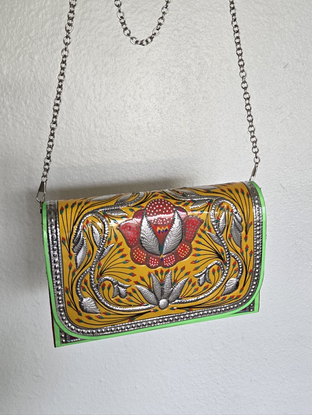 Artisan Truck Art Floral Hand-Crafted Yellow & Green Crossbody Bag